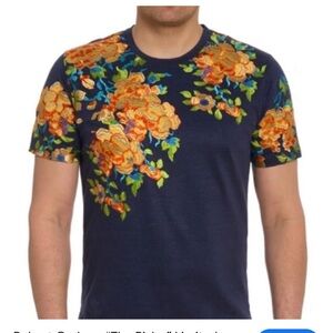 Robert Graham The Risbe Gold Floral Embroidered Navy Blue T-Shirt Men’s Size L
